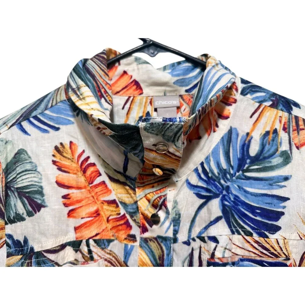 Chicos Tropical Palm Linen Jacket Tunic Women 16-18 XL Multicolor Utility Resort - Picture 15 of 16